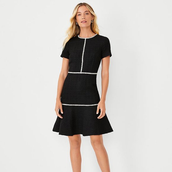 Ann Taylor Contrast Trim Tweed Flounce Dress - Picture 1 of 2